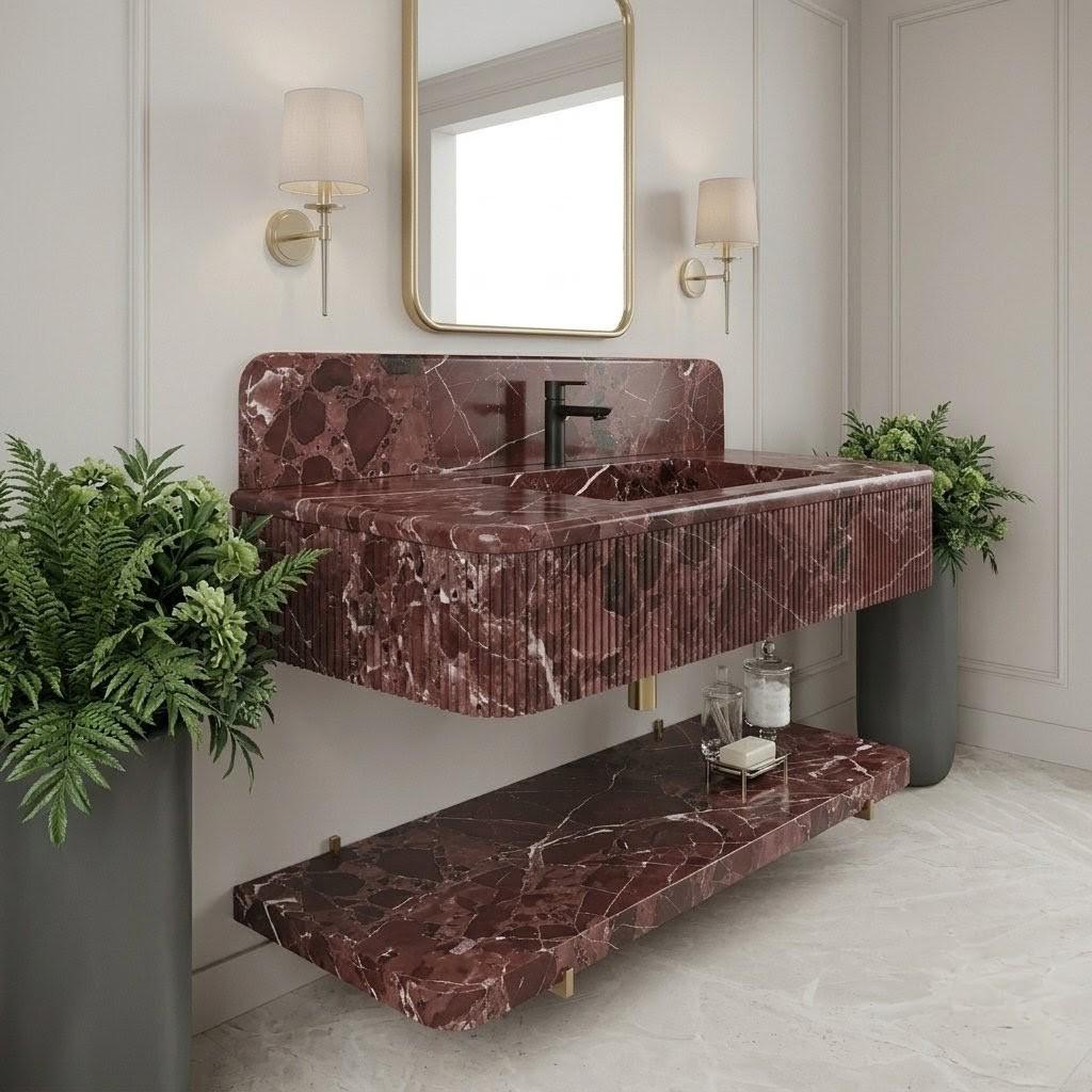 Burgundy Marble Fluted Wall Mounted Sink, Burgundy Floating Basin Backsplash