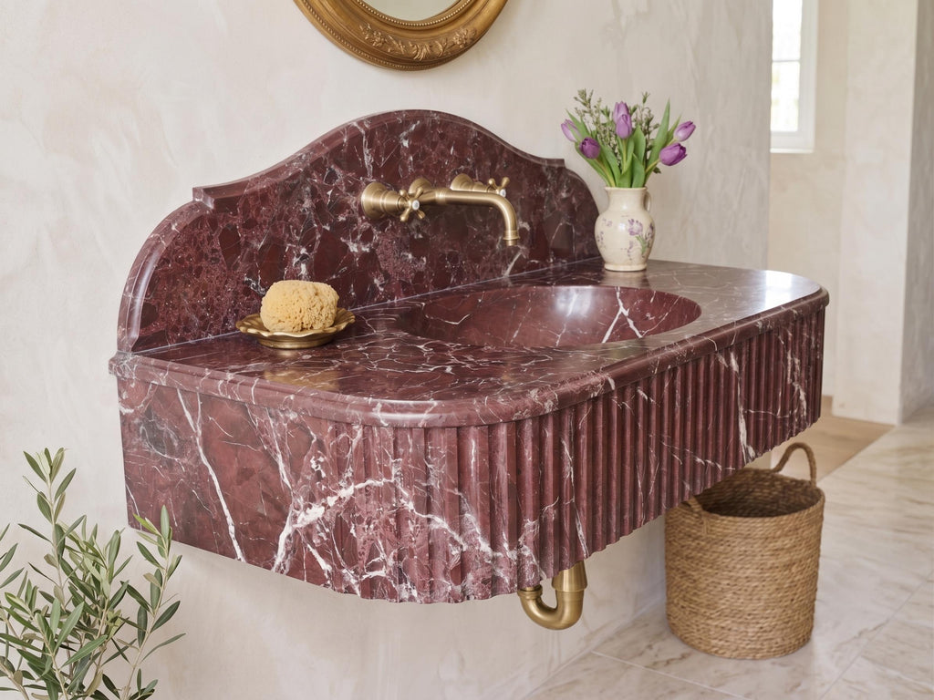 Rosso Levanto Marble Sink, Handcrafted Fluted Stone Vanity, Wall Mounted Basin