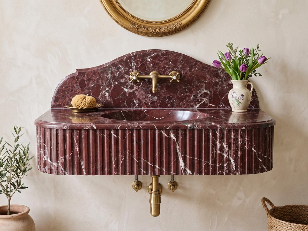 Rosso Levanto Marble Sink, Handcrafted Fluted Stone Vanity, Wall Mounted Basin