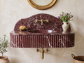 Rosso Levanto Marble Sink, Handcrafted Fluted Stone Vanity, Wall Mounted Basin