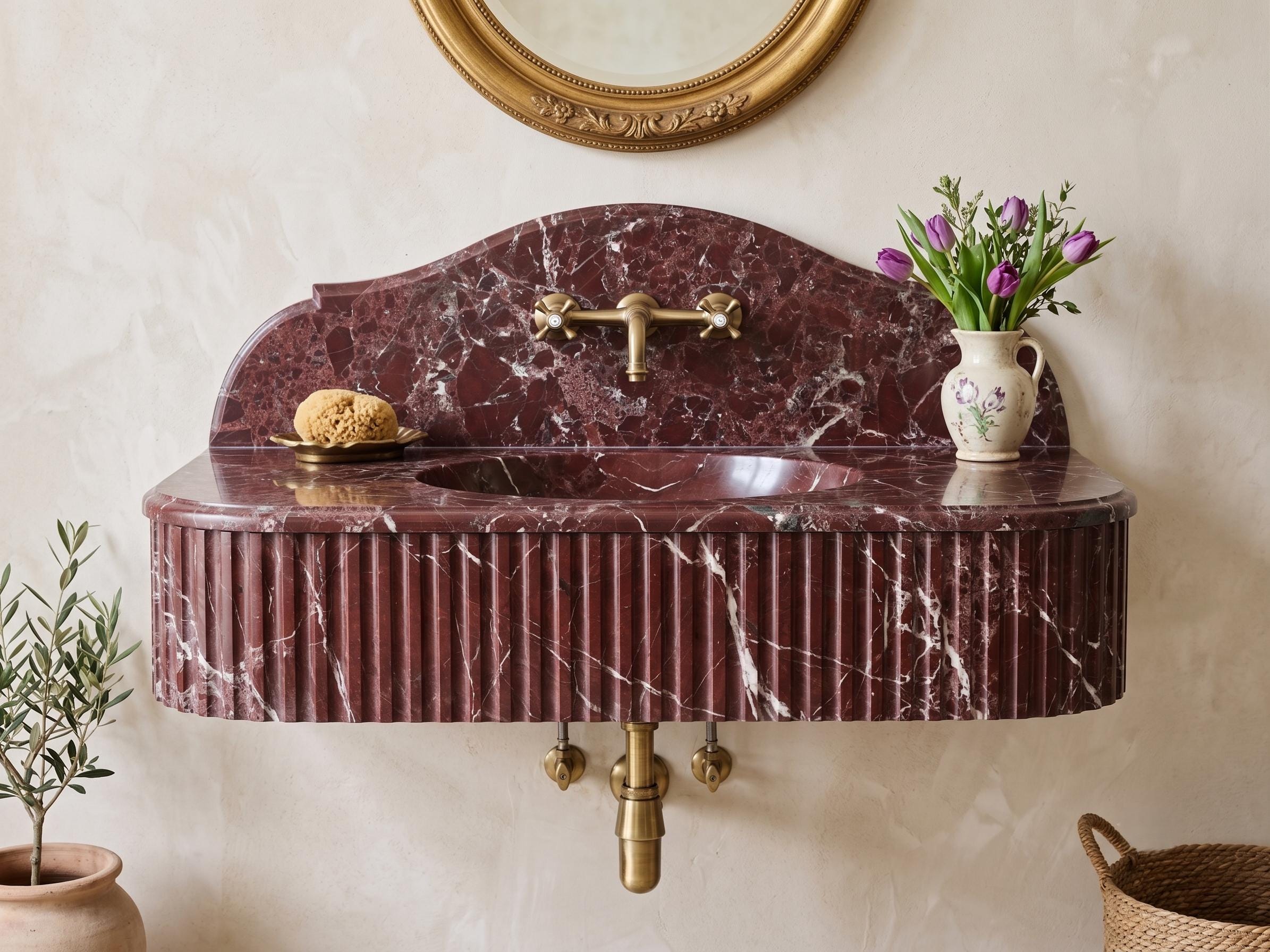 Rosso Levanto Marble Sink, Handcrafted Fluted Stone Vanity, Wall Mounted Basin