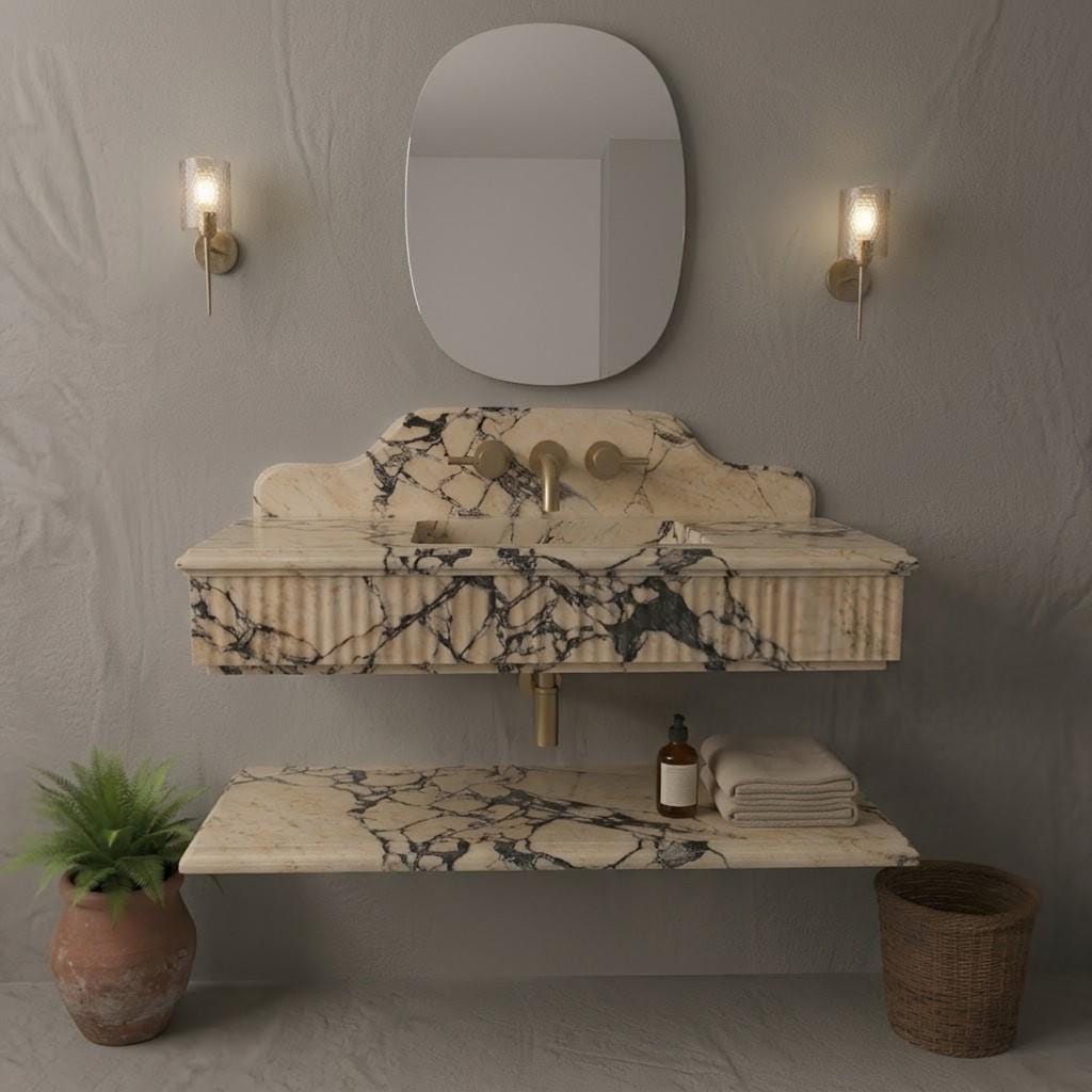 Calacatta Viola Marble Floating Sink, Custom Fluted Vanity, Wall Mounted Stone Basin