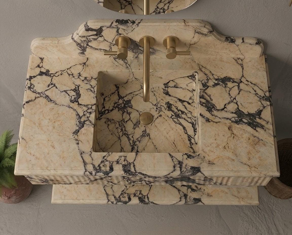 Calacatta Viola Marble Floating Sink, Custom Fluted Vanity, Wall Mounted Stone Basin