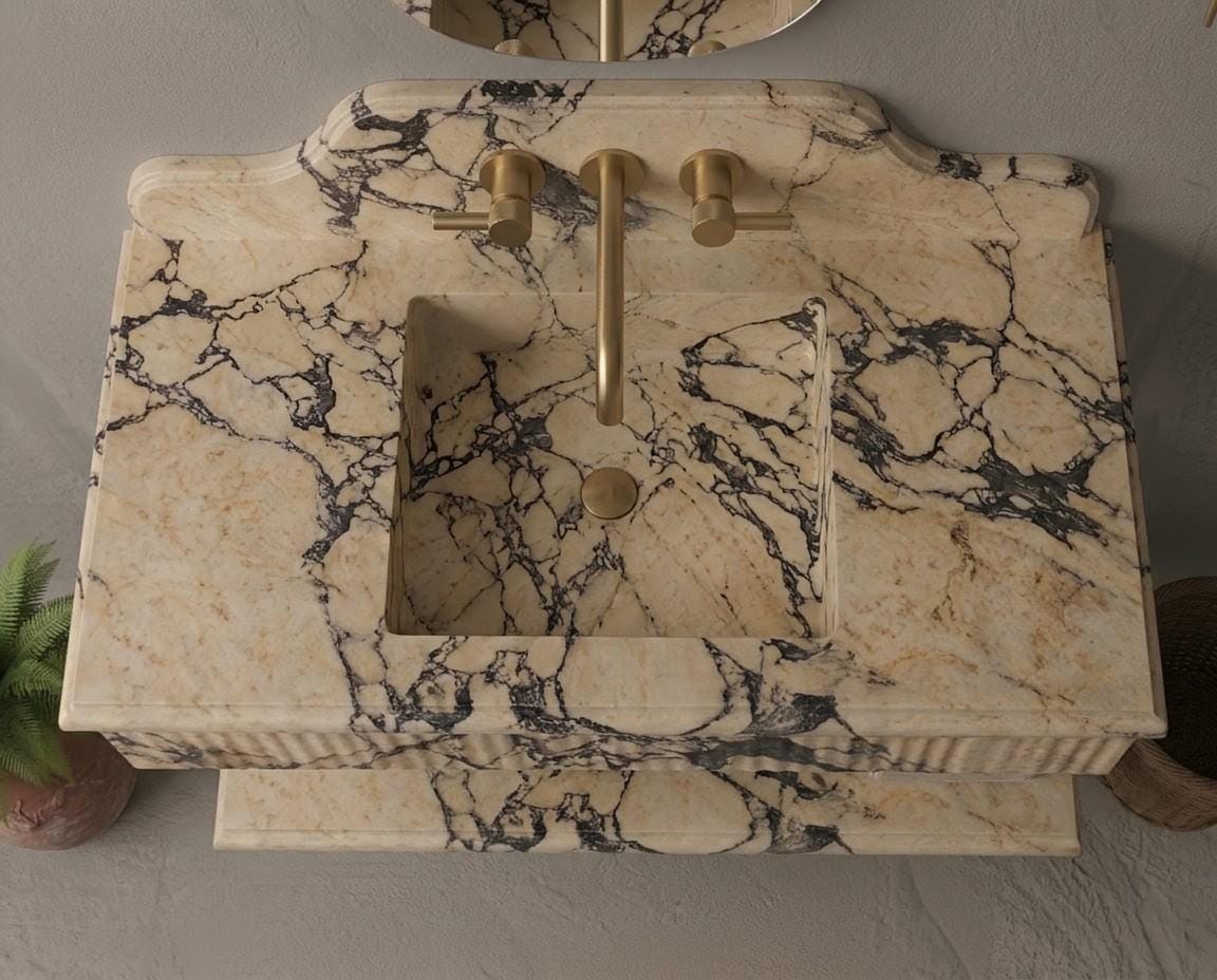 Calacatta Viola Marble Floating Sink, Custom Fluted Vanity, Wall Mounted Stone Basin