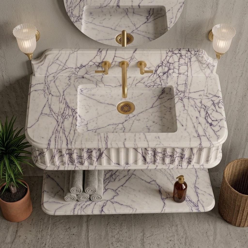 Turkish Lilac Marble Floating Sink with Shelf, Fluted Vanity, Gold Faucet