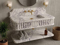 Turkish Lilac Marble Floating Sink with Shelf, Fluted Vanity, Gold Faucet