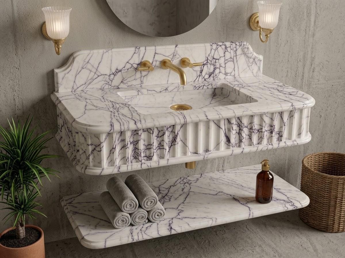 Turkish Lilac Marble Floating Sink with Shelf, Fluted Vanity, Gold Faucet