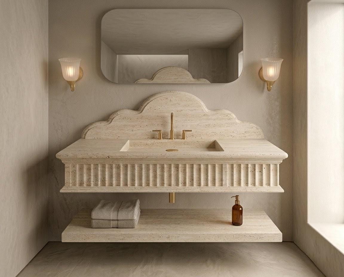 Handcrafted Travertine Vanity | Fluted Stone Basin, Cumulus Backsplash, Floating Shelf