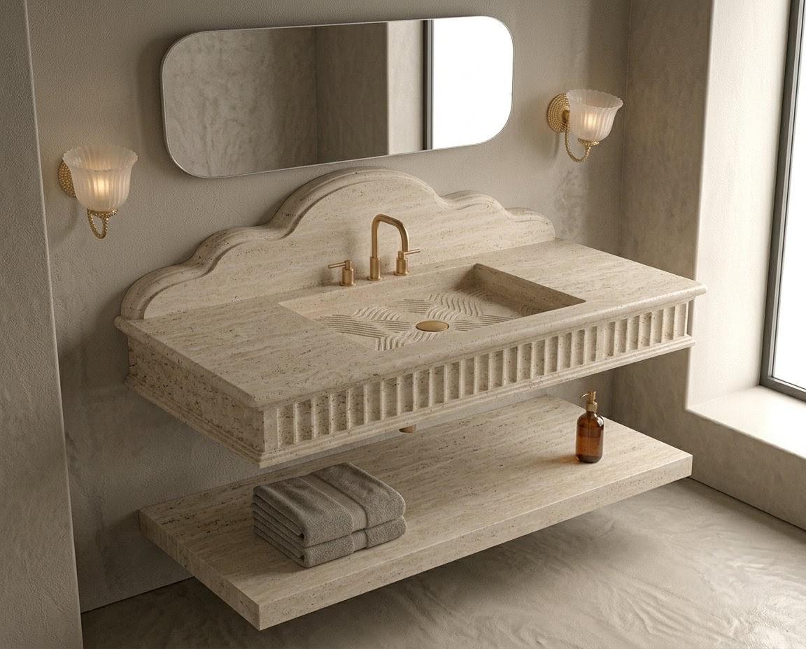 Handcrafted Travertine Vanity | Fluted Stone Basin, Cumulus Backsplash, Floating Shelf