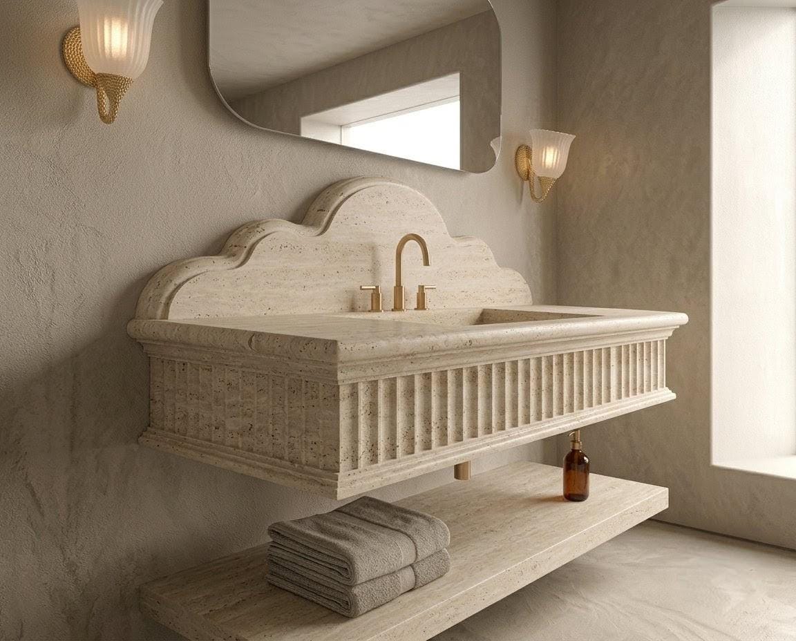 Handcrafted Travertine Vanity | Fluted Stone Basin, Cumulus Backsplash, Floating Shelf
