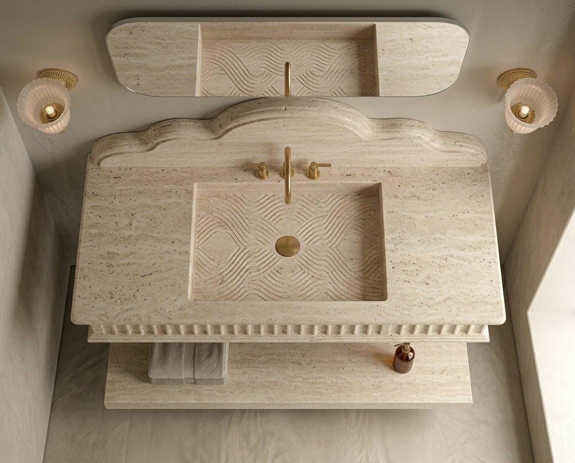 Handcrafted Travertine Vanity | Fluted Stone Basin, Cumulus Backsplash, Floating Shelf