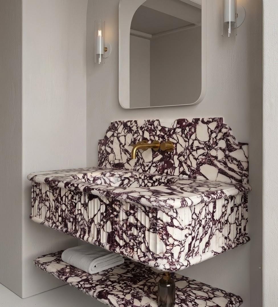 Calacatta Viola Marble Floating Vanity Sink, Fluted Italian Wall Mount Basin (with Shelf Option)