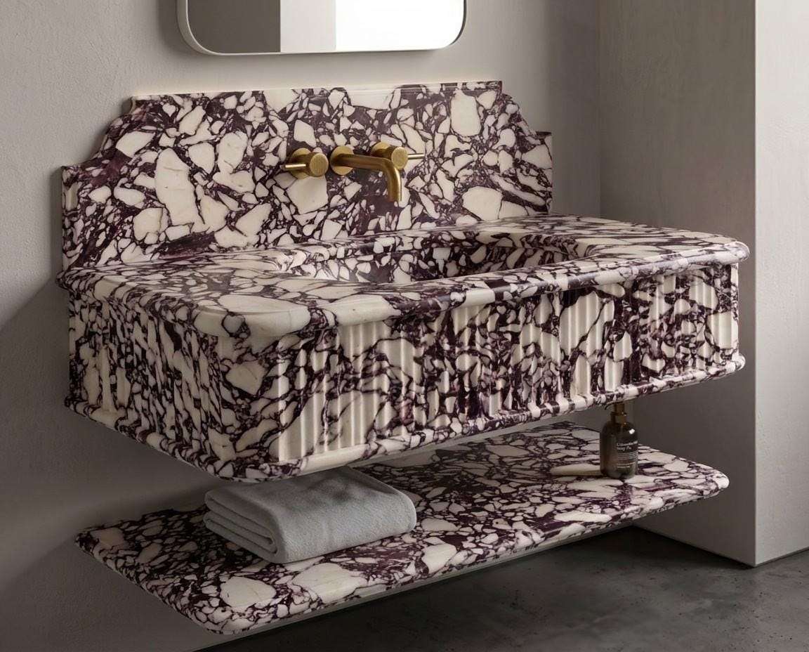 Calacatta Viola Marble Floating Vanity Sink, Fluted Italian Wall Mount Basin (with Shelf Option)
