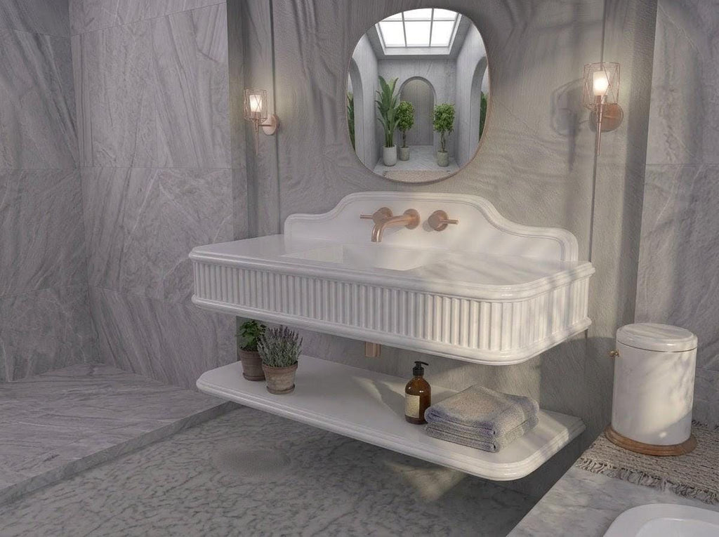 White Marble Fluted Vanity Sink, Floating Stone Basin, Modern Classic Bathroom Washbasin