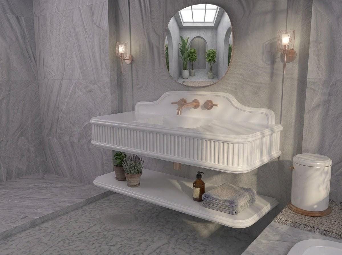 White Marble Fluted Vanity Sink, Floating Stone Basin, Modern Classic Bathroom Washbasin