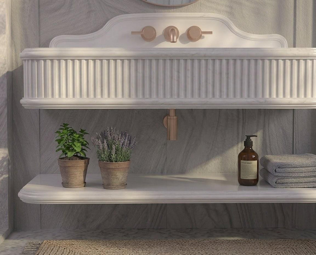 White Marble Fluted Vanity Sink, Floating Stone Basin, Modern Classic Bathroom Washbasin