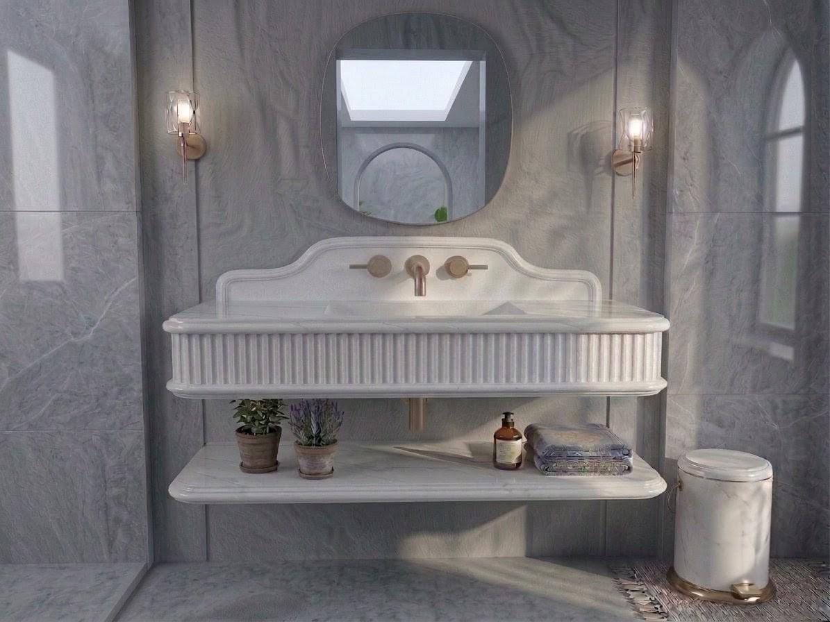 White Marble Fluted Vanity Sink, Floating Stone Basin, Modern Classic Bathroom Washbasin