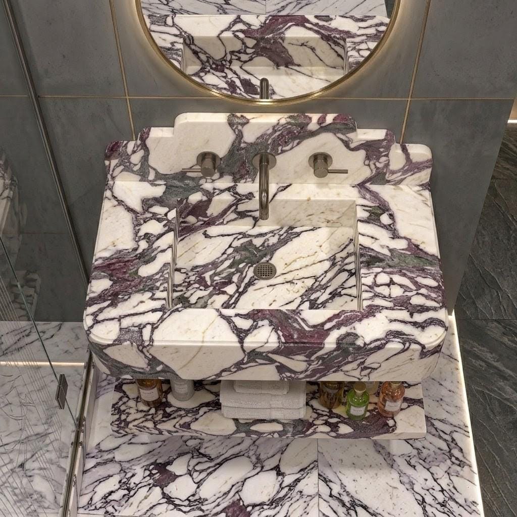 Calacatta Viola Marble Floating Sink, Wall Mounted Vanity Basin, Italian Stone Washbasin