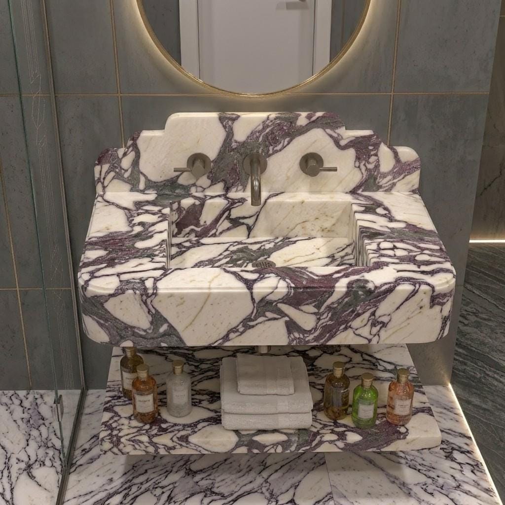 Calacatta Viola Marble Floating Sink, Wall Mounted Vanity Basin, Italian Stone Washbasin