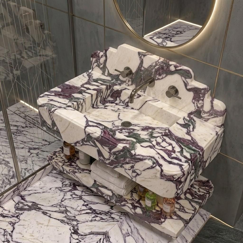 Calacatta Viola Marble Floating Sink, Wall Mounted Vanity Basin, Italian Stone Washbasin