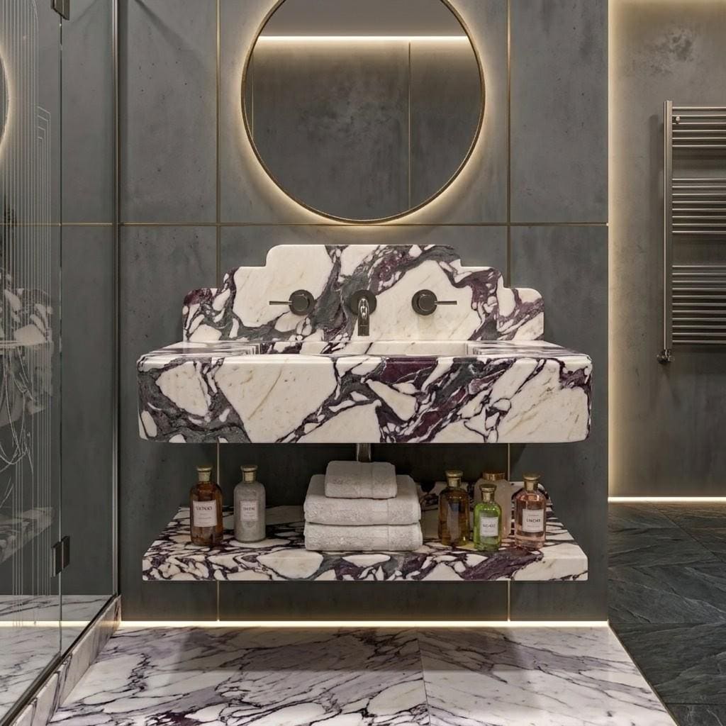 Calacatta Viola Marble Floating Sink, Wall Mounted Vanity Basin, Italian Stone Washbasin