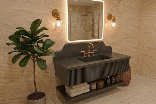 Alexander Black Marble Floating Sink, Fluted Vanity, Hand Carved Stone Washbasin