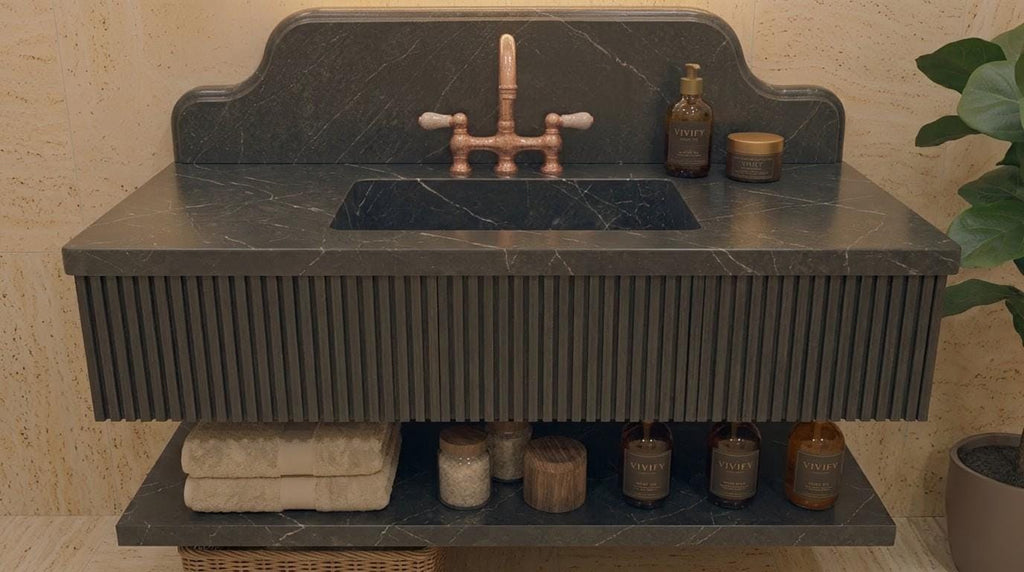 Alexander Black Marble Floating Sink, Fluted Vanity, Hand Carved Stone Washbasin