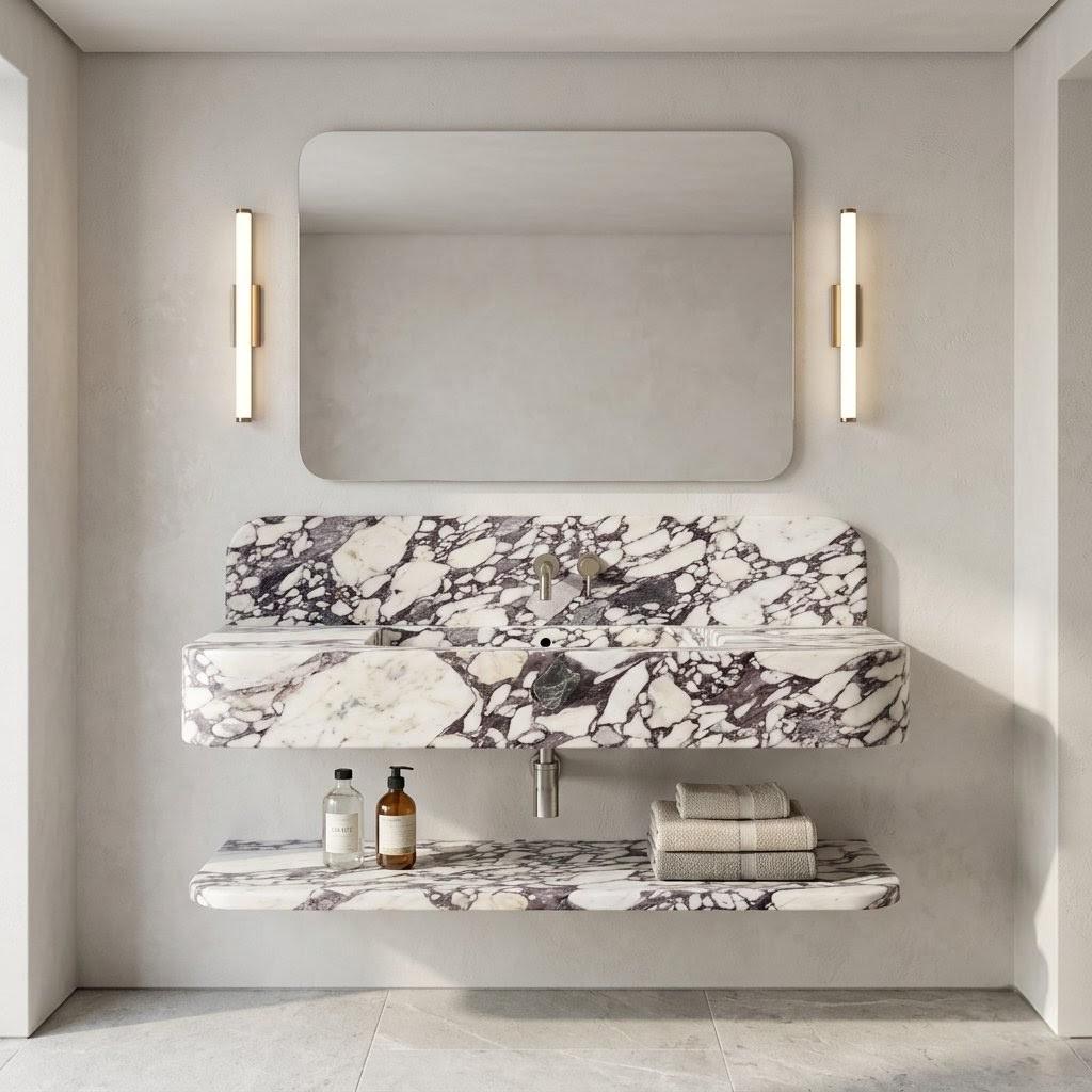 Calacatta Viola Marble Floating Sink, Luxury Wall Mounted Washbasin, Integrated Stone Basin