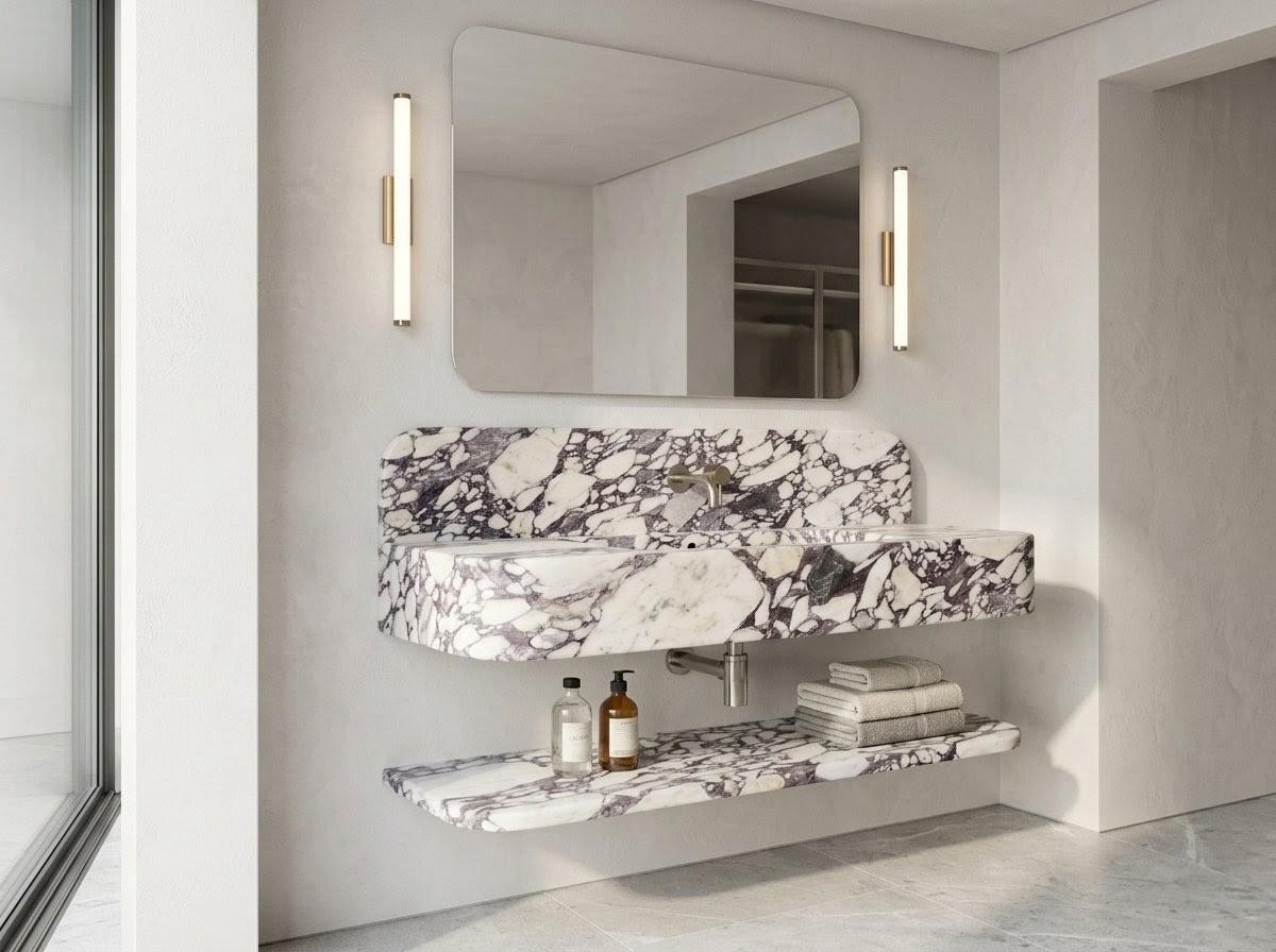 Calacatta Viola Marble Floating Sink, Luxury Wall Mounted Washbasin, Integrated Stone Basin