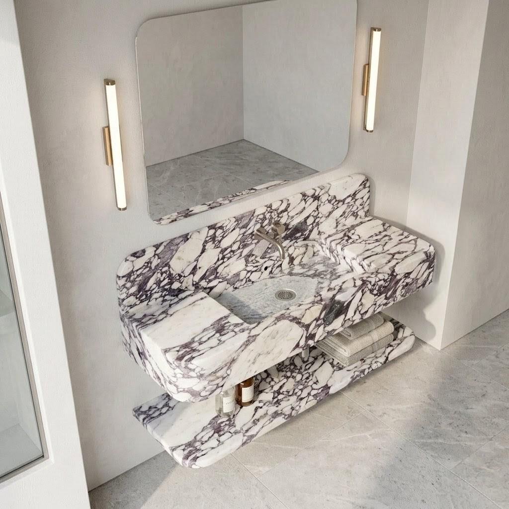 Calacatta Viola Marble Floating Sink, Luxury Wall Mounted Washbasin, Integrated Stone Basin
