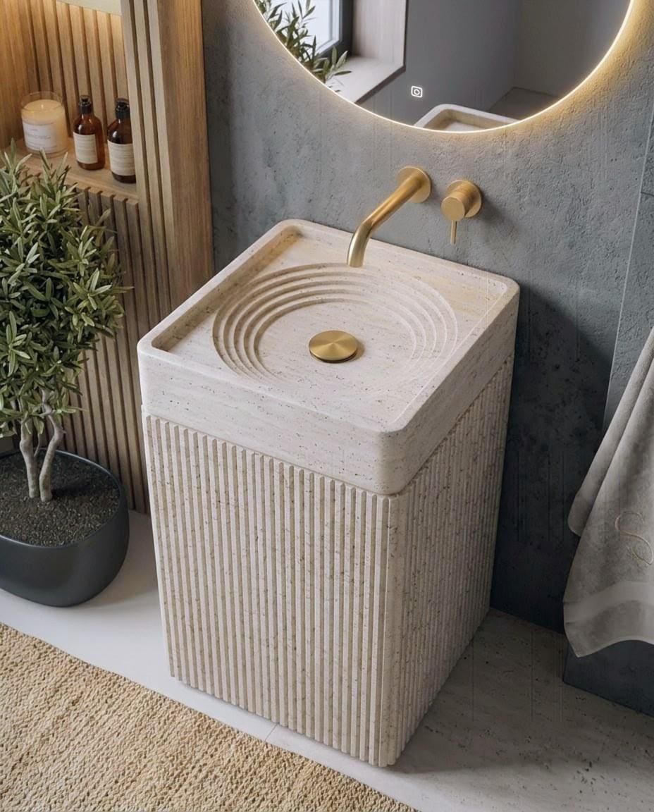 Travertine Pedestal Sink, Fluted Natural Stone Monolith Basin, Light Beige Bathroom Vanity