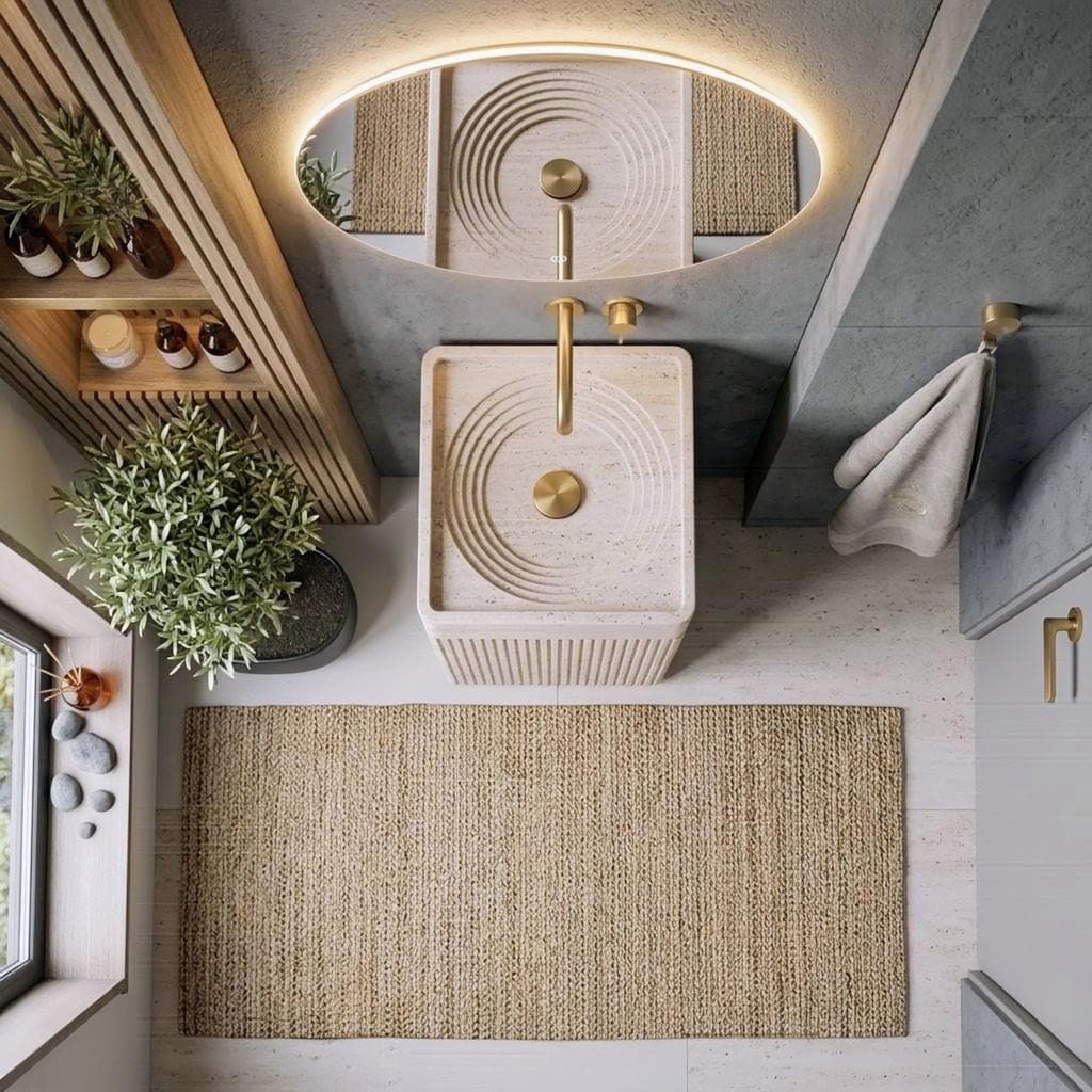 Travertine Pedestal Sink, Fluted Natural Stone Monolith Basin, Light Beige Bathroom Vanity
