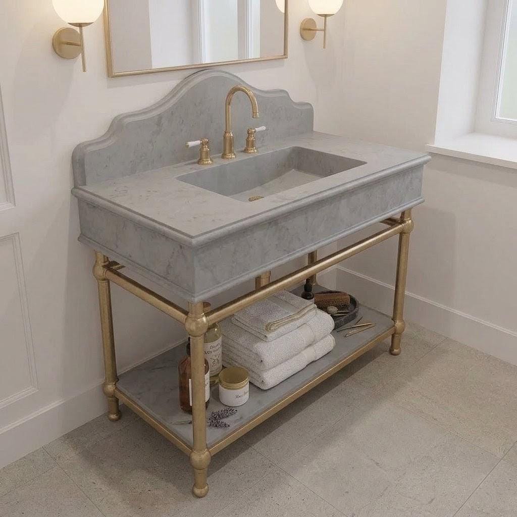 Handcrafted Gray Marble Vanity Sink with Gold Iron or Brass Stand (8" Thick)