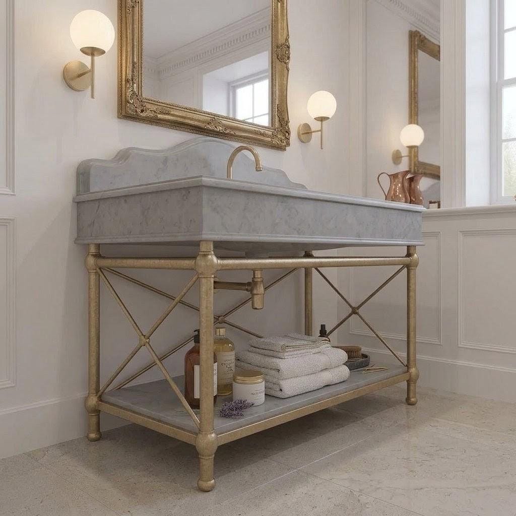 Handcrafted Gray Marble Vanity Sink with Gold Iron or Brass Stand (8" Thick)