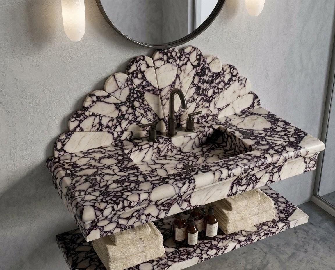 Calacatta Viola Marble Floating Vanity Sink, Hand-Carved Starburst Fan Backsplash