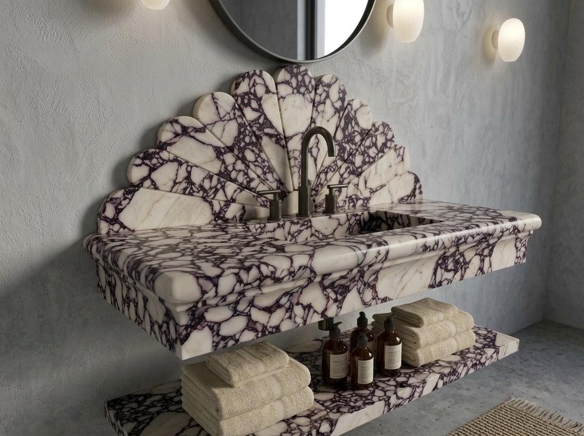Calacatta Viola Marble Floating Vanity Sink, Hand-Carved Starburst Fan Backsplash