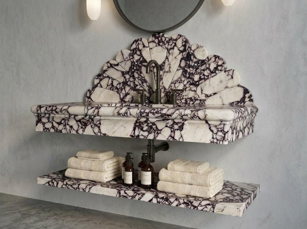 Calacatta Viola Marble Floating Vanity Sink, Hand-Carved Starburst Fan Backsplash