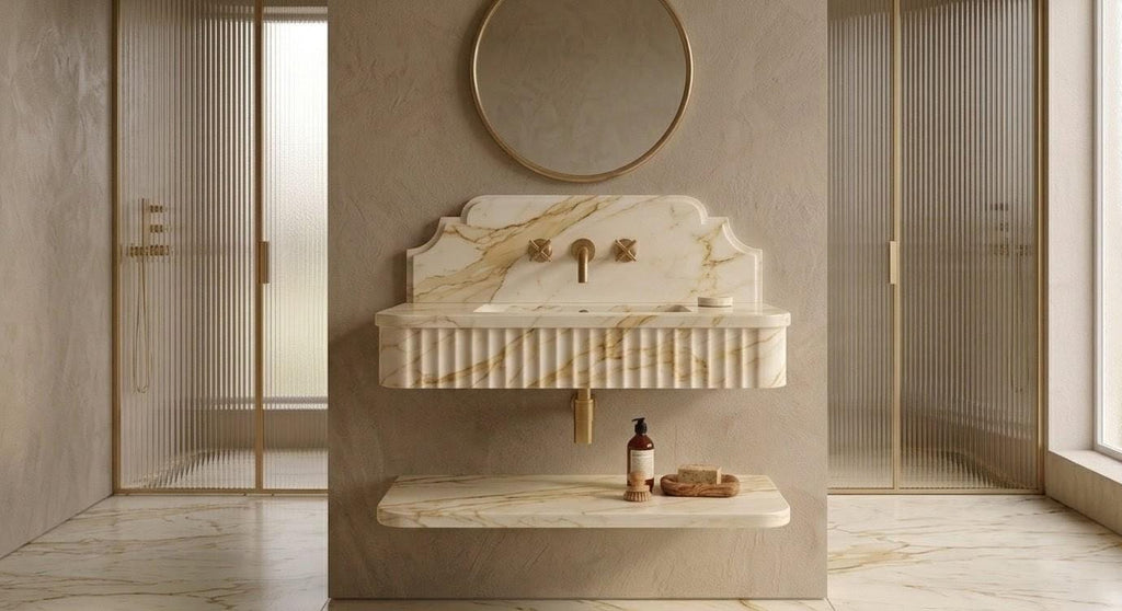 Calacatta Gold Marble Floating Vanity Sink, Fluted Basin, Scalloped Backsplash