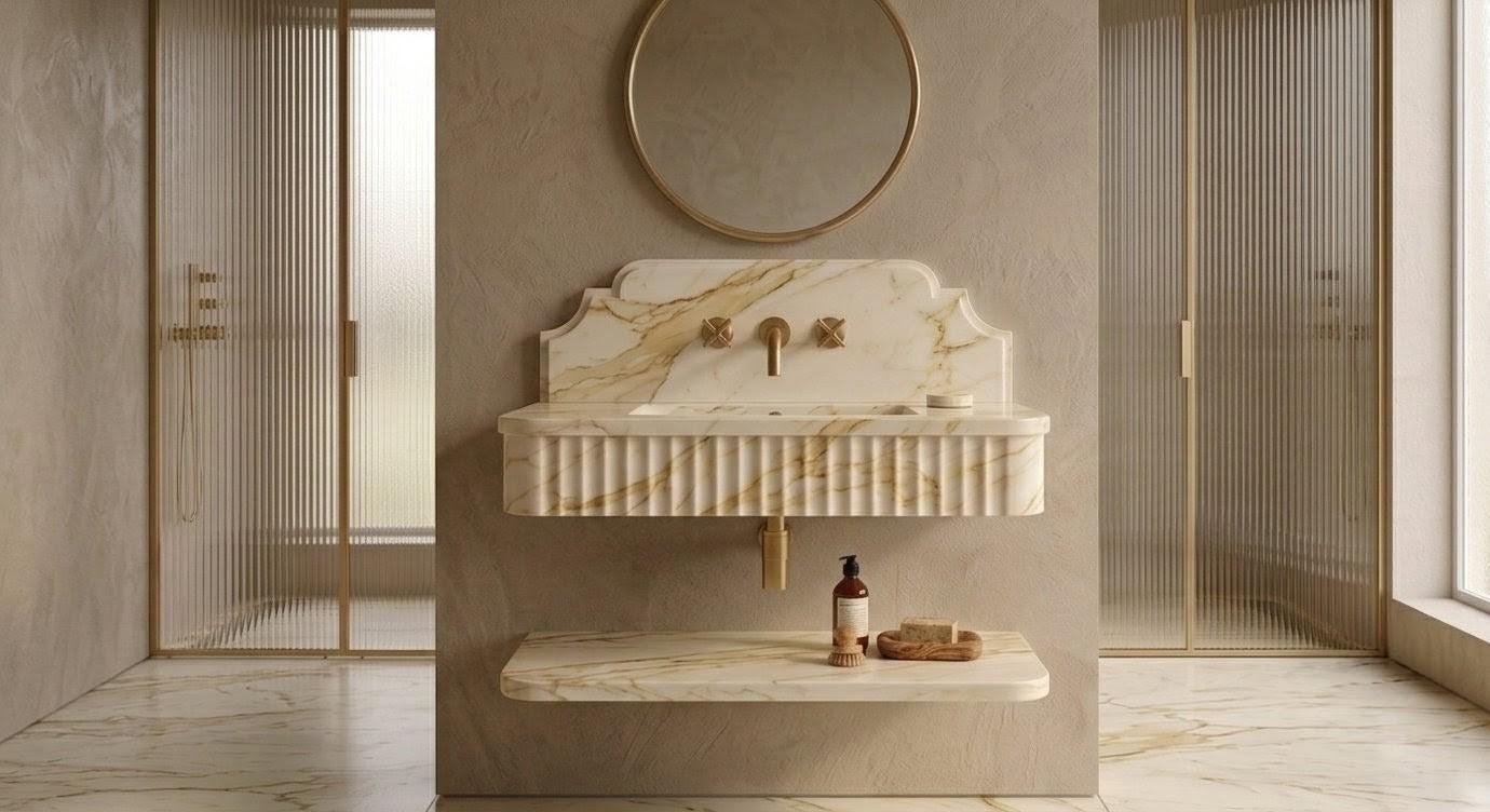 Calacatta Gold Marble Floating Vanity Sink, Fluted Basin, Scalloped Backsplash