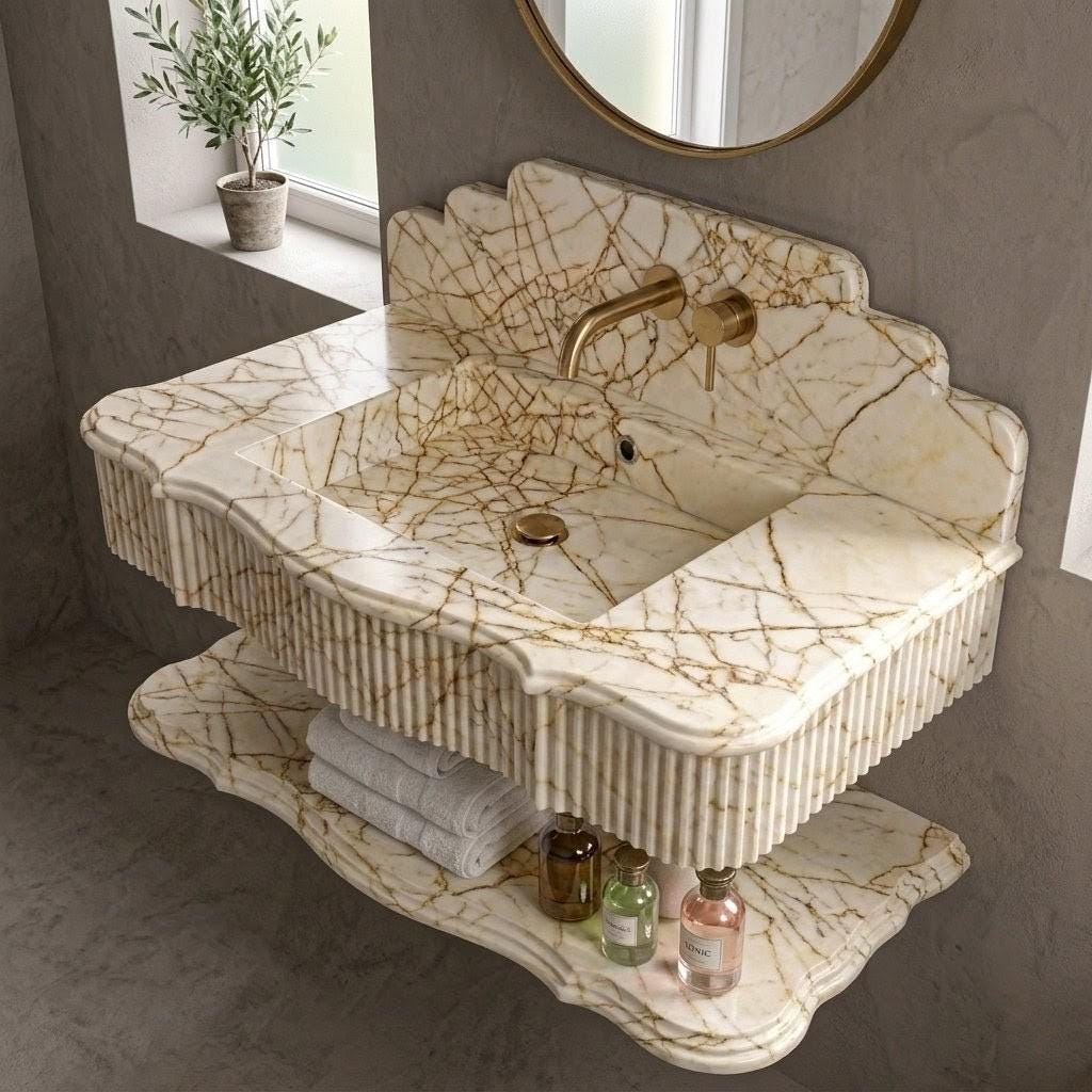 Calacatta Gold Marble Floating Sink | Handcrafted Fluted Vanity Basin, Integrated Shelf