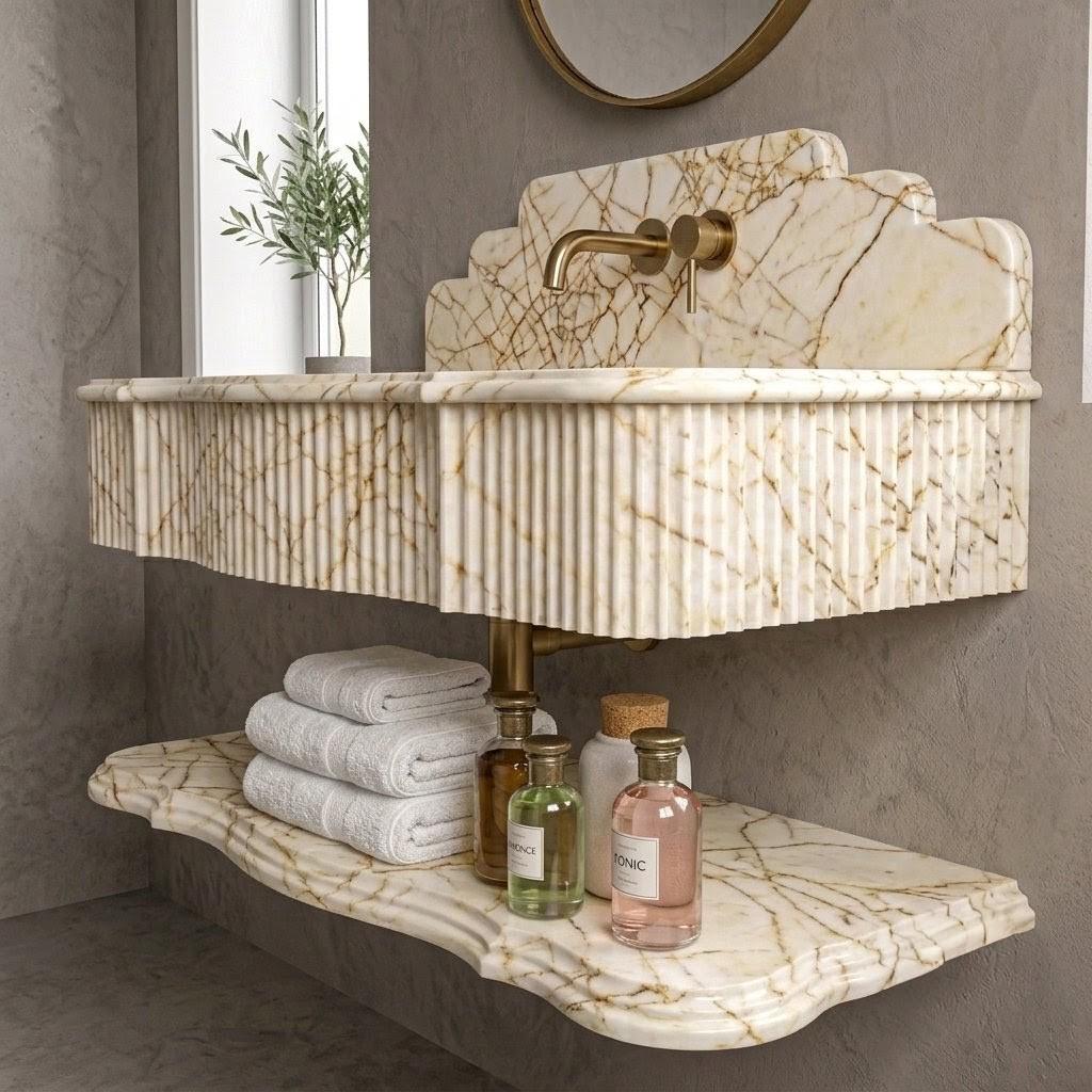 Calacatta Gold Marble Floating Sink | Handcrafted Fluted Vanity Basin, Integrated Shelf
