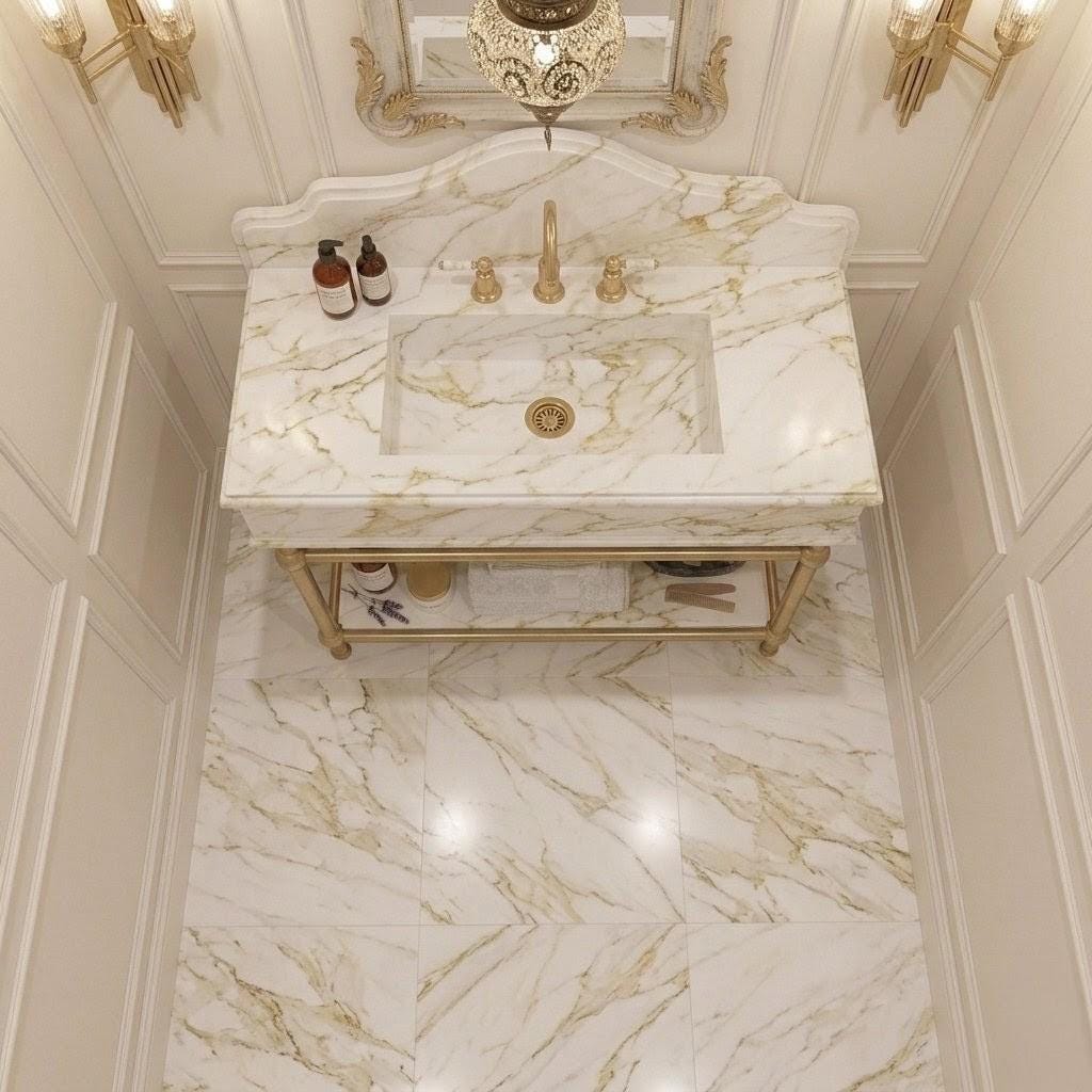 Calacatta Gold Marble Vanity, Solid Brass Console Stand, Custom Natural Stone Basin