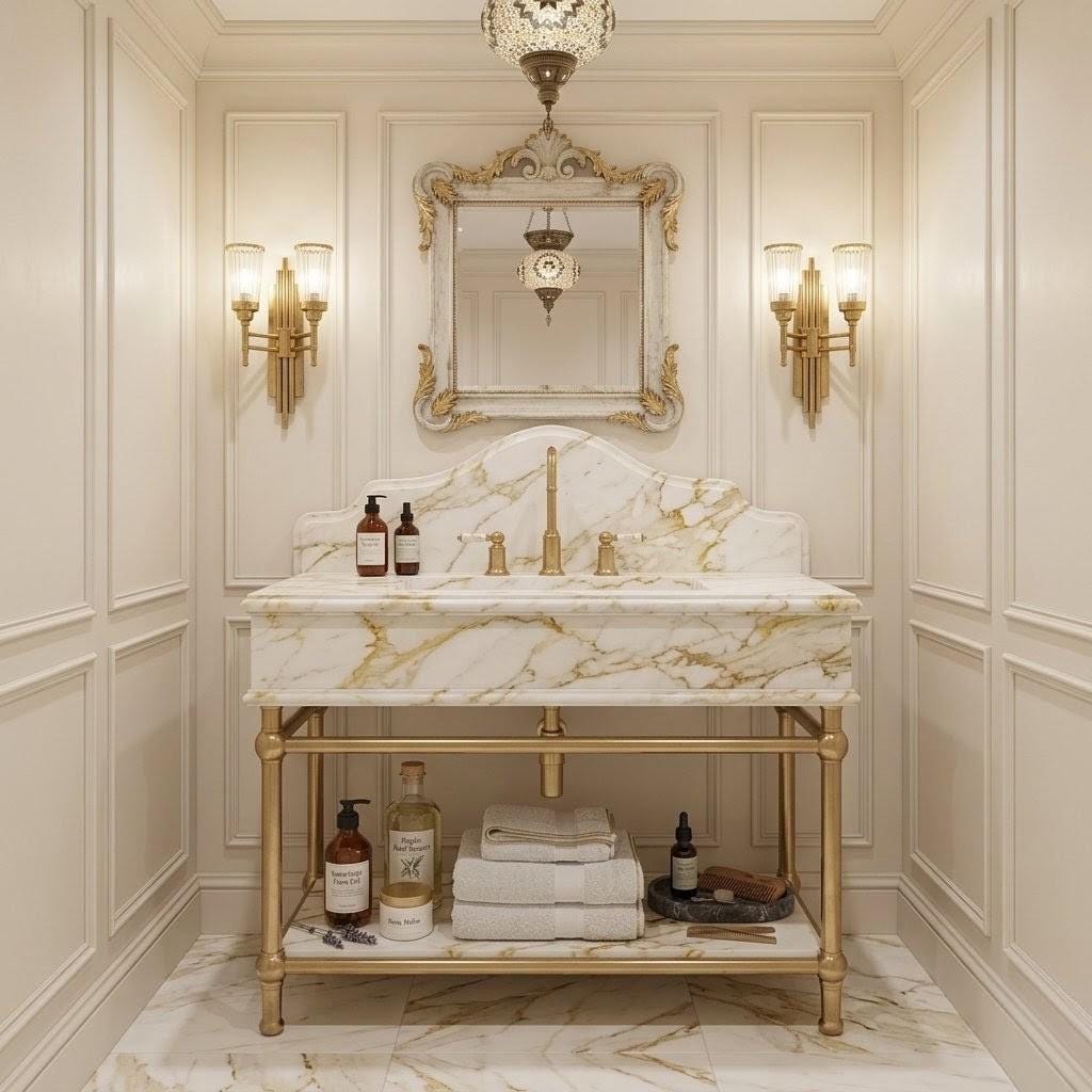 Calacatta Gold Marble Vanity, Solid Brass Console Stand, Custom Natural Stone Basin