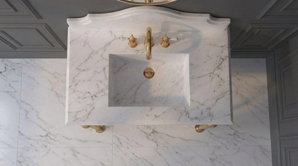 Handcrafted Calacatta Marble Vanity Sink, Brass or Gold Console Stand, French Country Washbasin