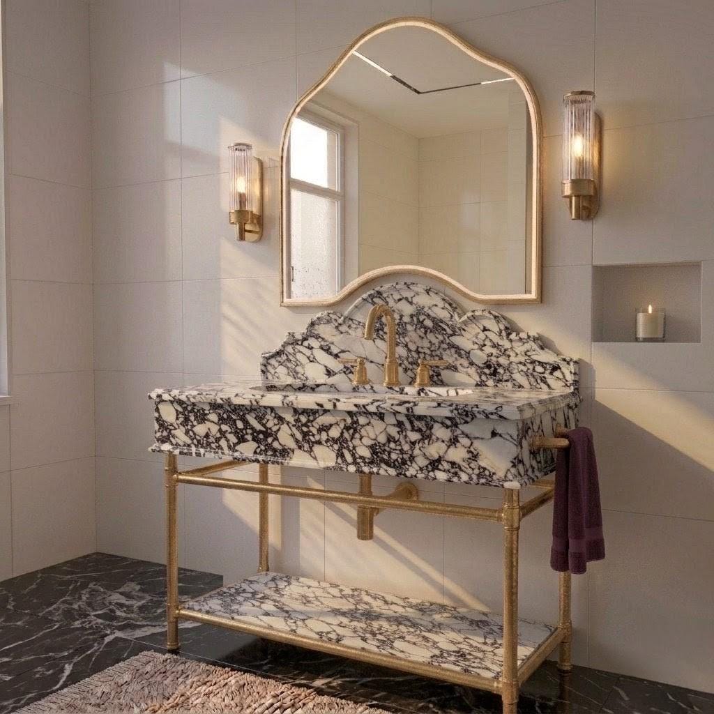Handcrafted Calacatta Viola Marble Vanity with Integrated Sink, Solid Brass And Gold Painted  Stand
