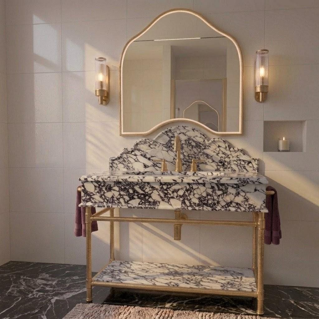 Handcrafted Calacatta Viola Marble Vanity with Integrated Sink, Solid Brass And Gold Painted  Stand