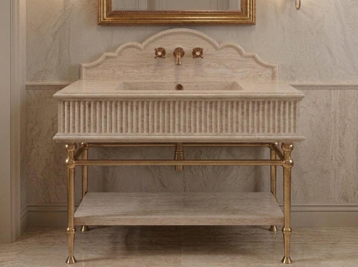 Handcrafted Travertine Vanity Sink, Fluted Apron, Scalloped Backsplash, Brass Stand