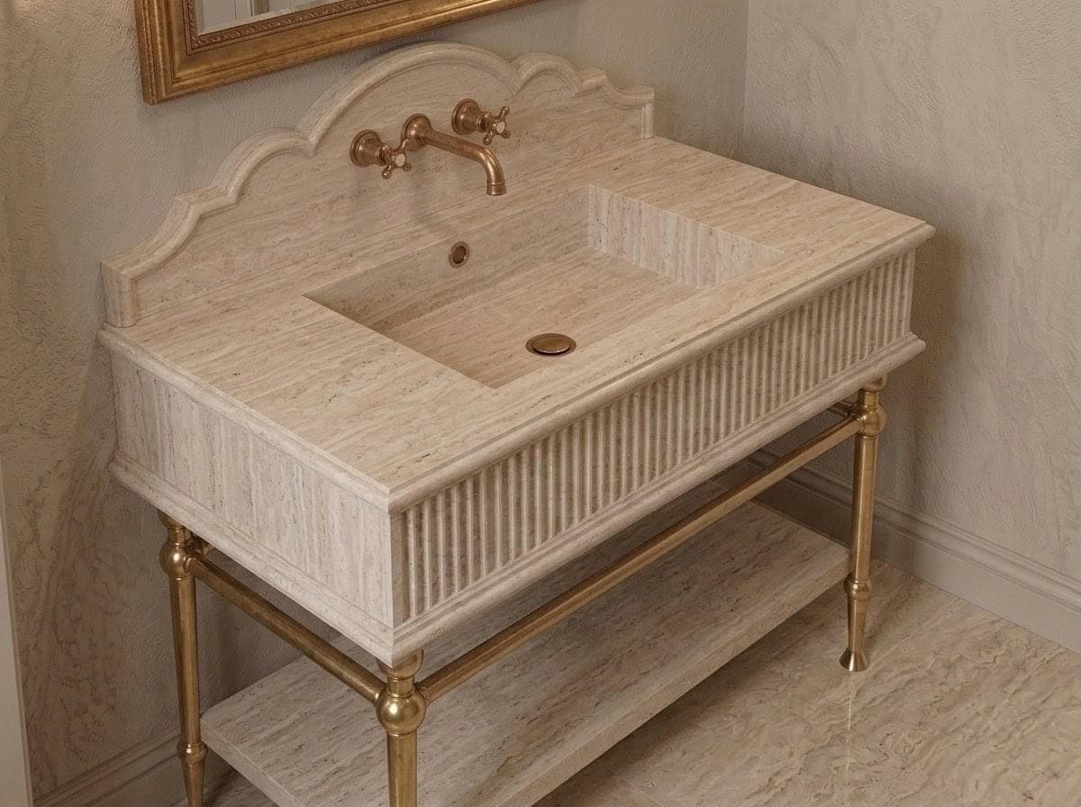 Handcrafted Travertine Vanity Sink, Fluted Apron, Scalloped Backsplash, Brass Stand