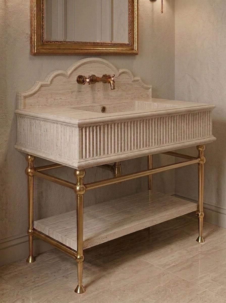 Handcrafted Travertine Vanity Sink, Fluted Apron, Scalloped Backsplash, Brass Stand