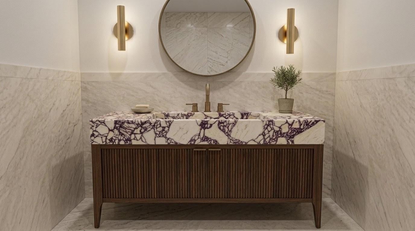 Calacatta Viola Marble Vanity Sink | Wall-Mounted Handcrafted Bathroom Basin